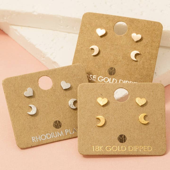 Conjunto de pendientes de botón mini corazón y luna bañados en oro para venta al por mayor de Fame Accessories