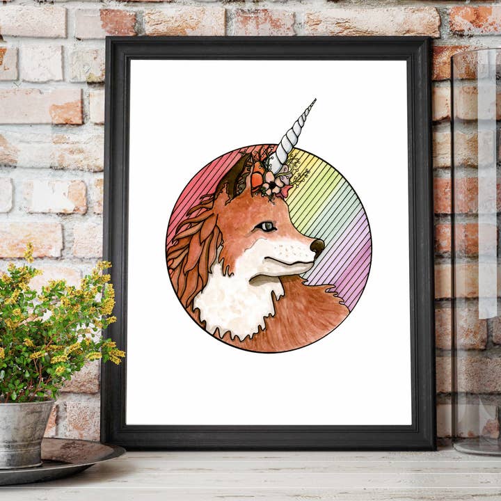 Pintura em aquarela “Foxicórnio”: impressão artística por atacado de PinkPolish Design