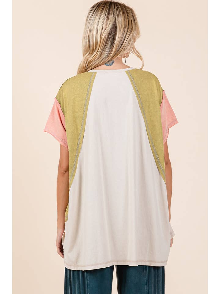 mittoshop – Túnica - Mulher por atacado – TOP DE MALHA DE MANGA CURTA EM BLOCO COLORIDO DE GRANDES DIMENSÕES6