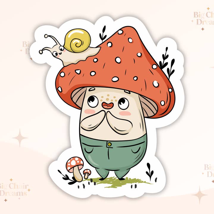 Mushroom Guy Snail Sticker - Mushroom Lover - Cottagecore for wholesale by Big Chair Dreams