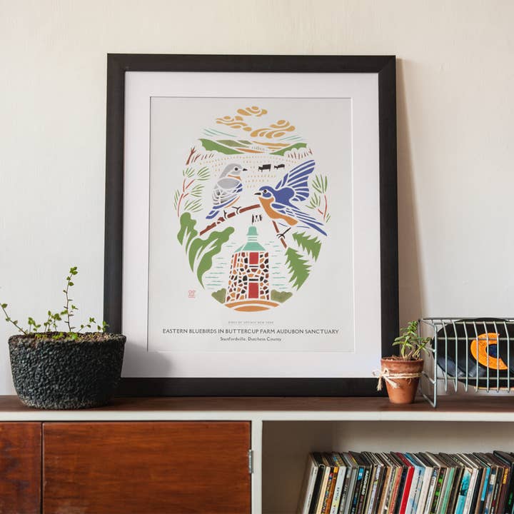 Mayuko Fujino Bird & Nature Art - Wholesale Art Print - Art print: Eastern Bluebirds in Buttercup Farm Audubon2