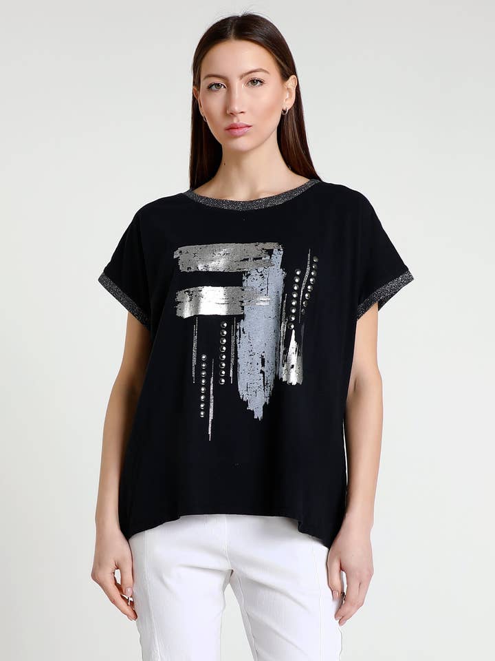 T-shirt à manches courtes avec appliqué abstrait Vanya (BSS907A) pour la vente par TINA Stephens Italy/Tees By Tina