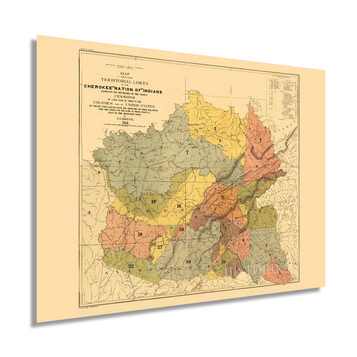 1884 Cherokee Indian Map - Vintage Map of The Former Territorial Limits of The Cherokee Nation - Old American Indian Map - Historic Native Indian Poster Wall Art for wholesale by Historic Prints