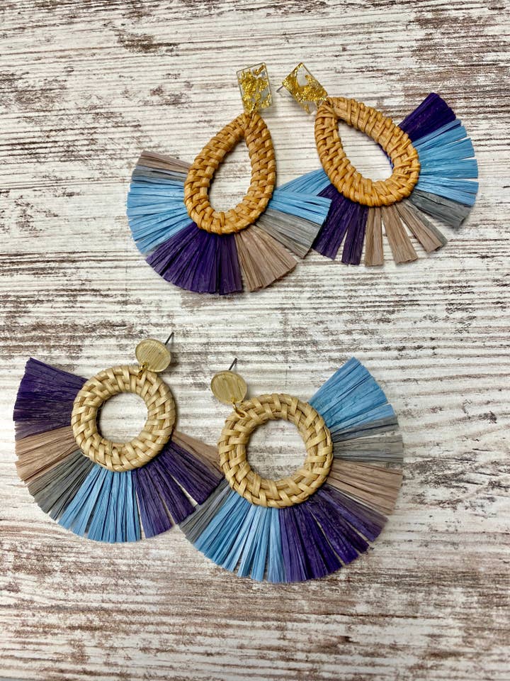 Blue Rattan & Raffia Tassel Earring for wholesale by Cre8tv Qn