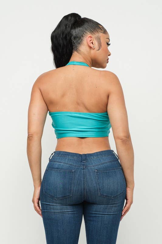 Boswell - Wholesale Athletic Top - Women's - Shiny Yoga Front Tie Halter Top1