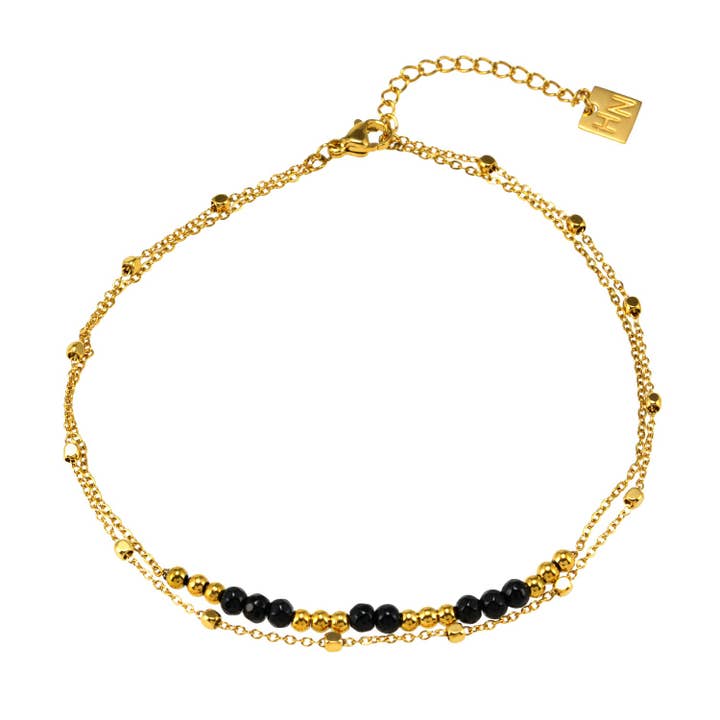 HILDA LG: Two-in-One Square Beads & Round Beads in Black & Gold Anklet. for wholesale by HACKNEY NINE