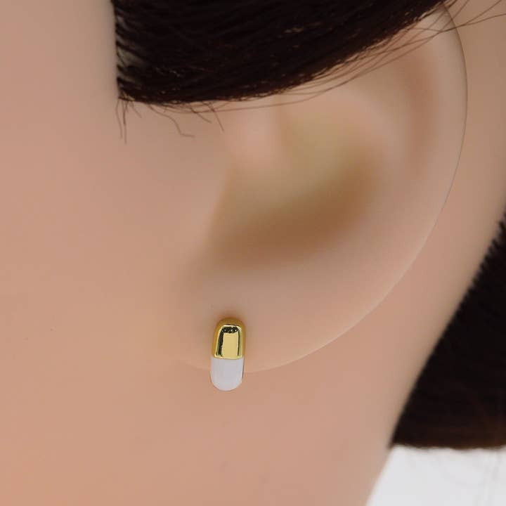 BestBeads&Beyond - Wholesale Stud/Post Earrings - CZ White Enamel Pill Stud Earrings, Sku#Y7203
