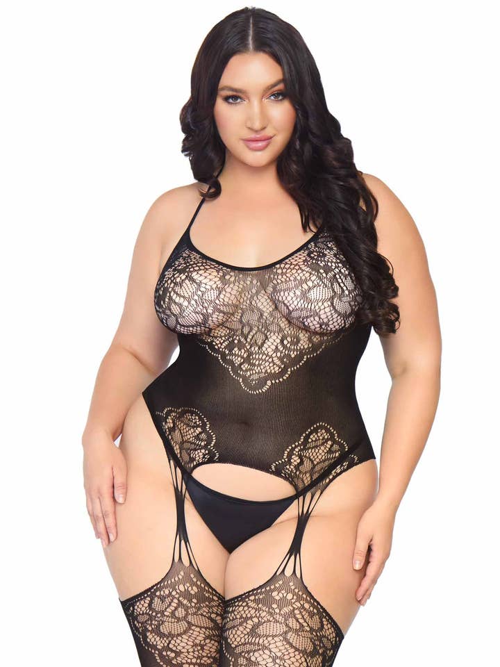 Black Pure Obsession Plus Suspender Bodystocking for wholesale on Faire