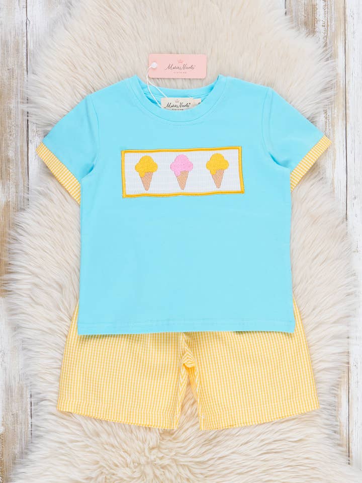 Marie Nicole Clothing - Wholesale Top & Short Set - Kids - Neon Ice Cream Cones Smocked Outfit