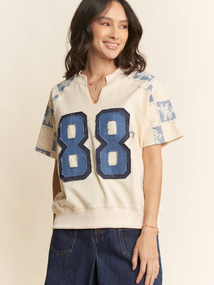 DENIM NUMBER PATCH FRONT CROCHET SWEATSHIRT TOP for wholesale on Faire