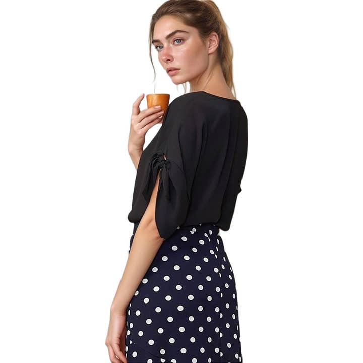 Robin K - Wholesale Blouse - Women's - Pleione Round Neck Self-tie Short Sleeve Top2