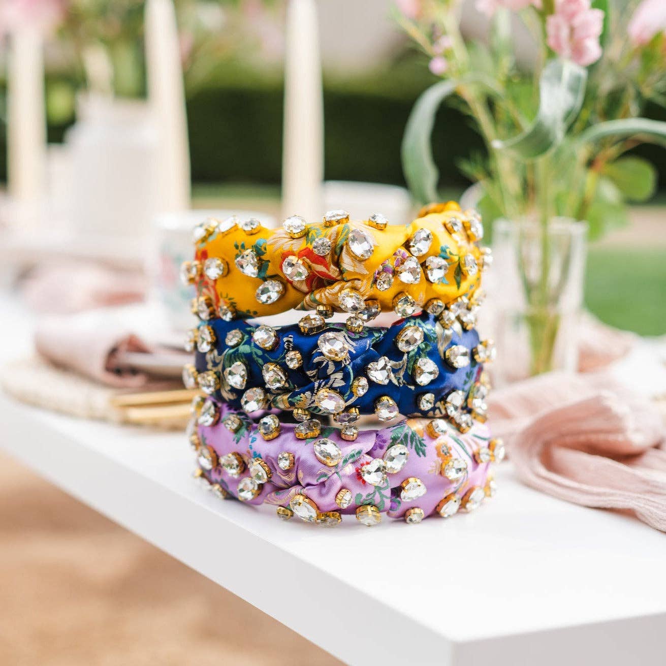 La Bella - Wholesale Fashion Headband - Women's - Morning Glory Blue Jeweled Floral Silk Headband3