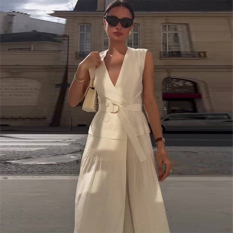 WHITE Solid Color V-Neck Sleeveless Belted A-Line Maxi Dress for wholesale on Faire3