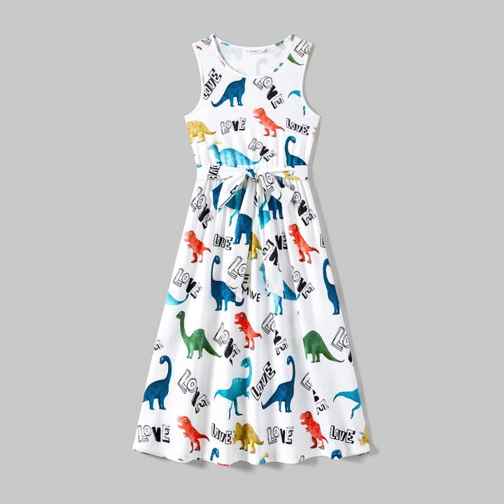 Turquoise Family Matching Dinosaur Print Tank Dresses and Short-sleeve for wholesale on Faire1