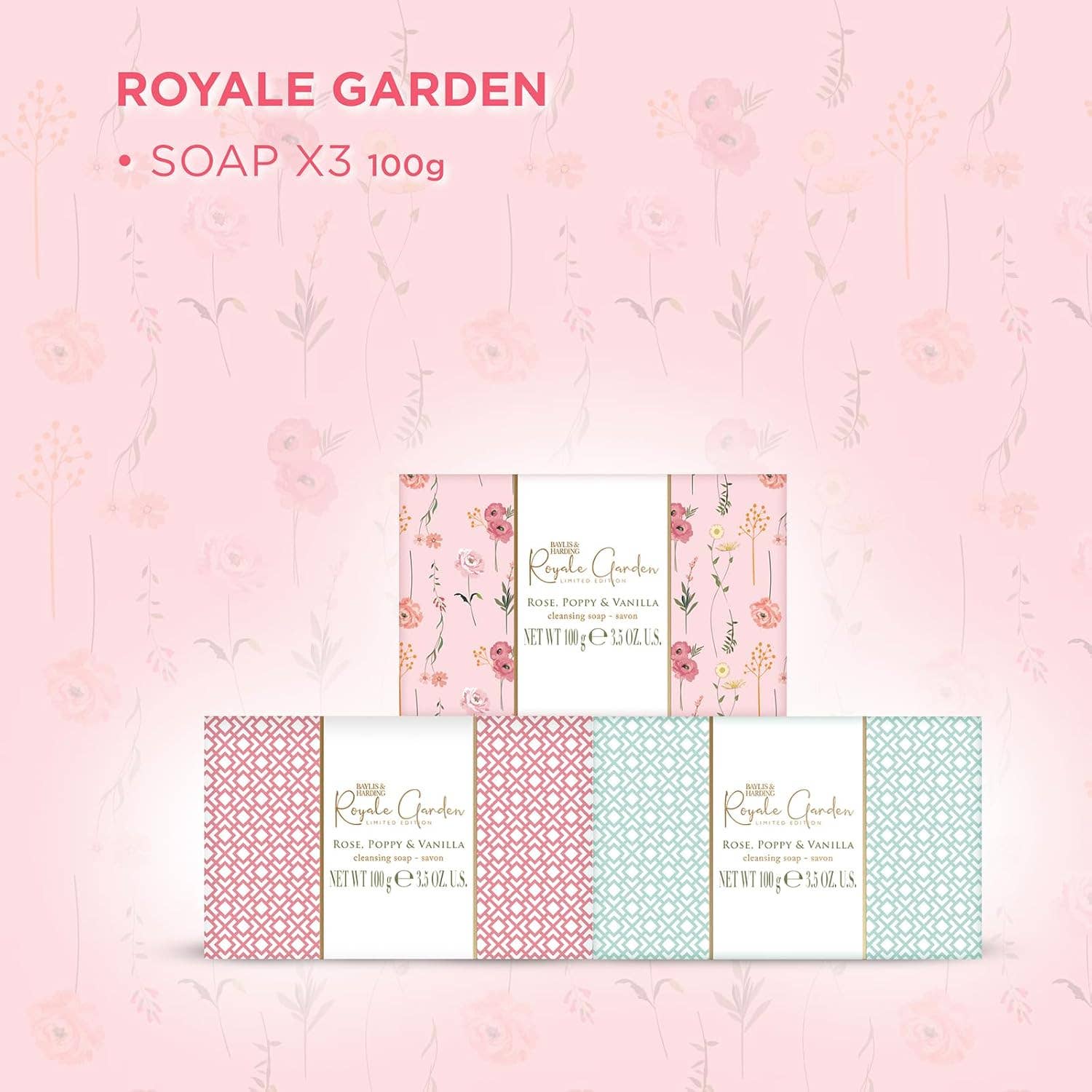 Beauty Goddess - Vente Assortiment de savons - Baylis & Harding Royale Garden Rose, Poppy & Vanilla Coffret Cadeau de Savons de Luxe Emballés - Végan (Lot de 1)2