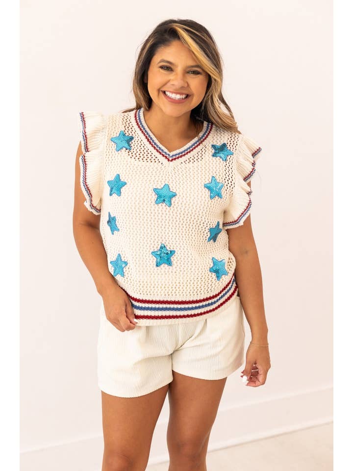 Beige Knit Vest With Sequin Stars Patches for wholesale on Faire