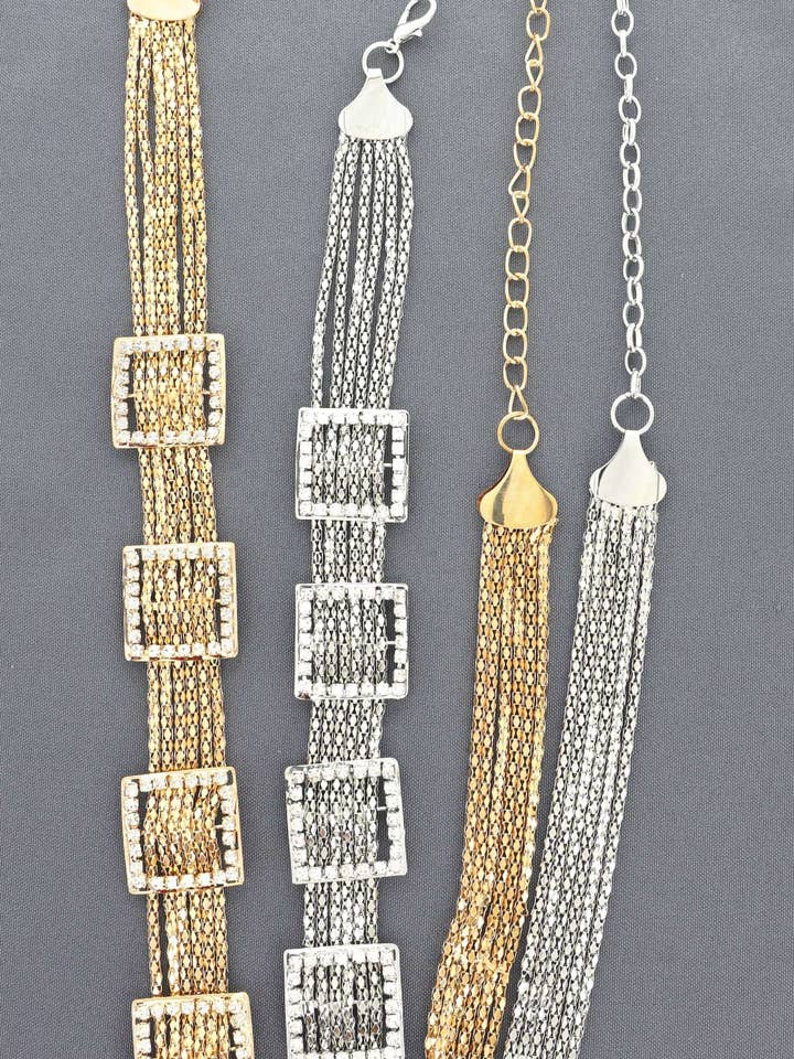 CRYSTAL SQUARE BUCKLE MESH WAIST CHAIN BELT B10001 for wholesale by anbfashion
