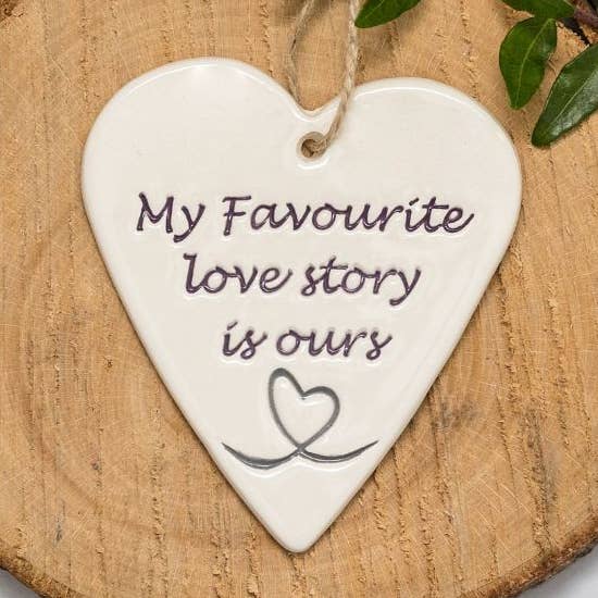 Love - My favourite love story - Handmade ceramic heart for wholesale by Broadlands Pottery