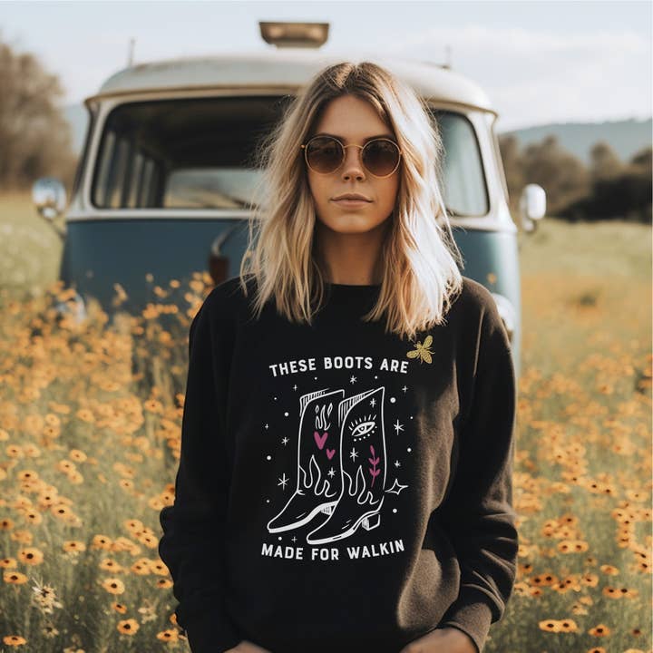 Western Cowgirl Boots Graphic Sweatshirt – Black Pullover for wholesale by Eye Candy Clothing Co.
