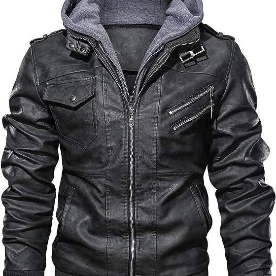 Men Faux Leather Motorcycle BomberJacket with Removable Hood for wholesale by Styleinoutfit