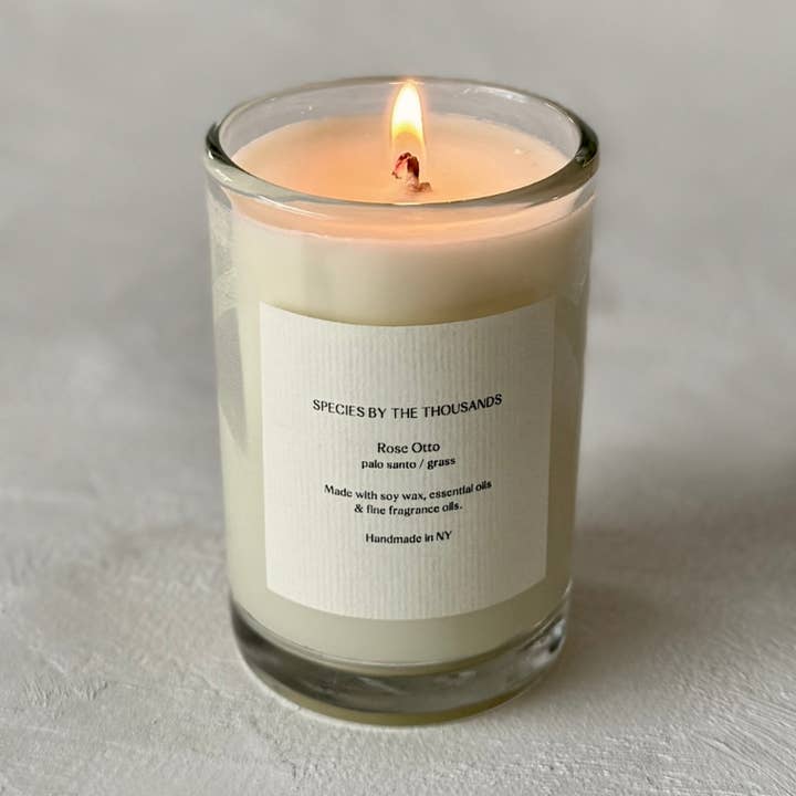 Vela aromática de soja Rose Otto, Palo Santo + Grass, hecha a mano para venta al por mayor de Species by the Thousands