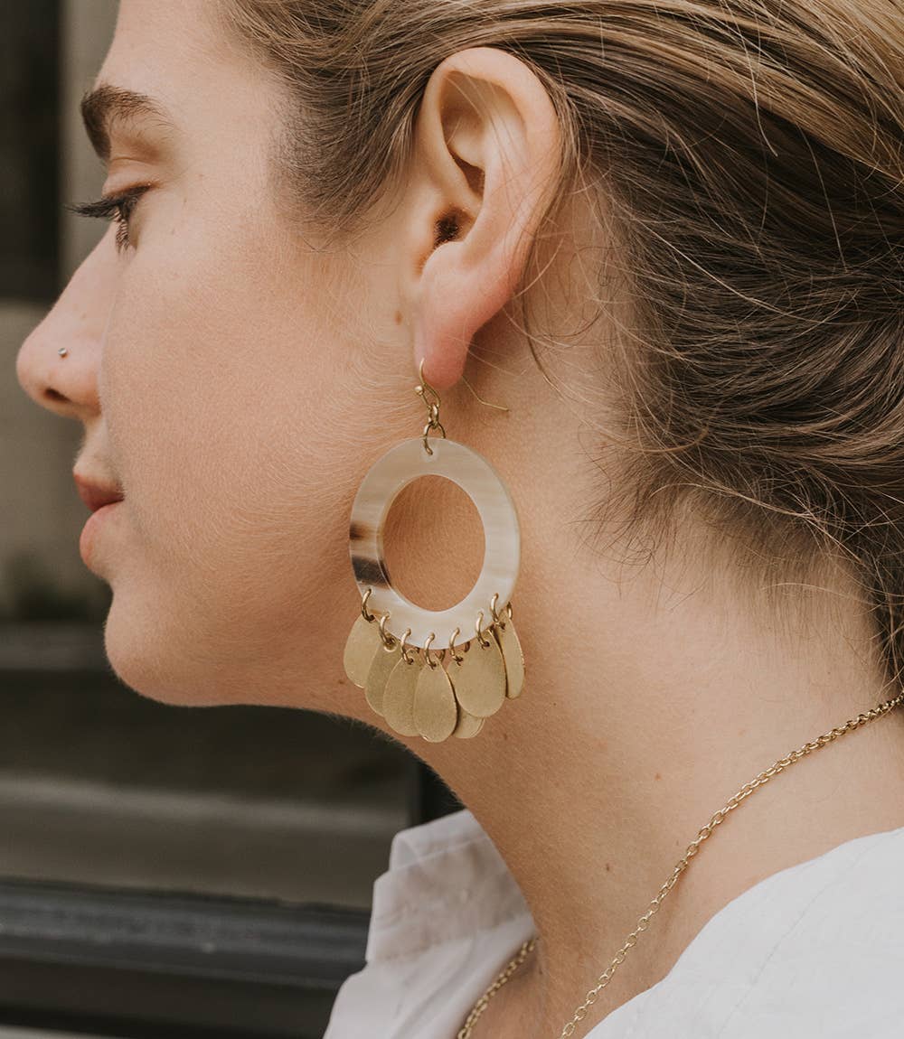 Matr Boomie Fair Trade - Wholesale Dangle Earrings - Madhu Teardrop Fringe Earrings - Carved Horn1