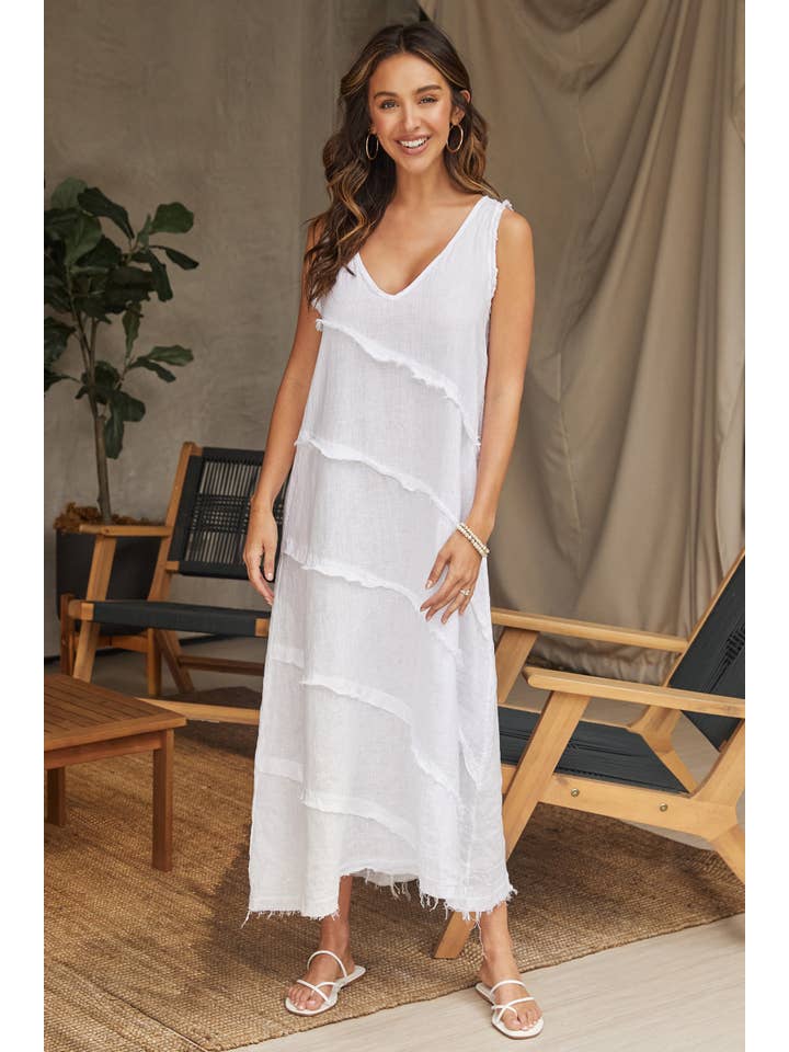 MILIO MILANO - Wholesale Dress - Women's - LINEN FRILL TRIM SLEEVELESS MAXI DRESS(154011/12256-WHT)