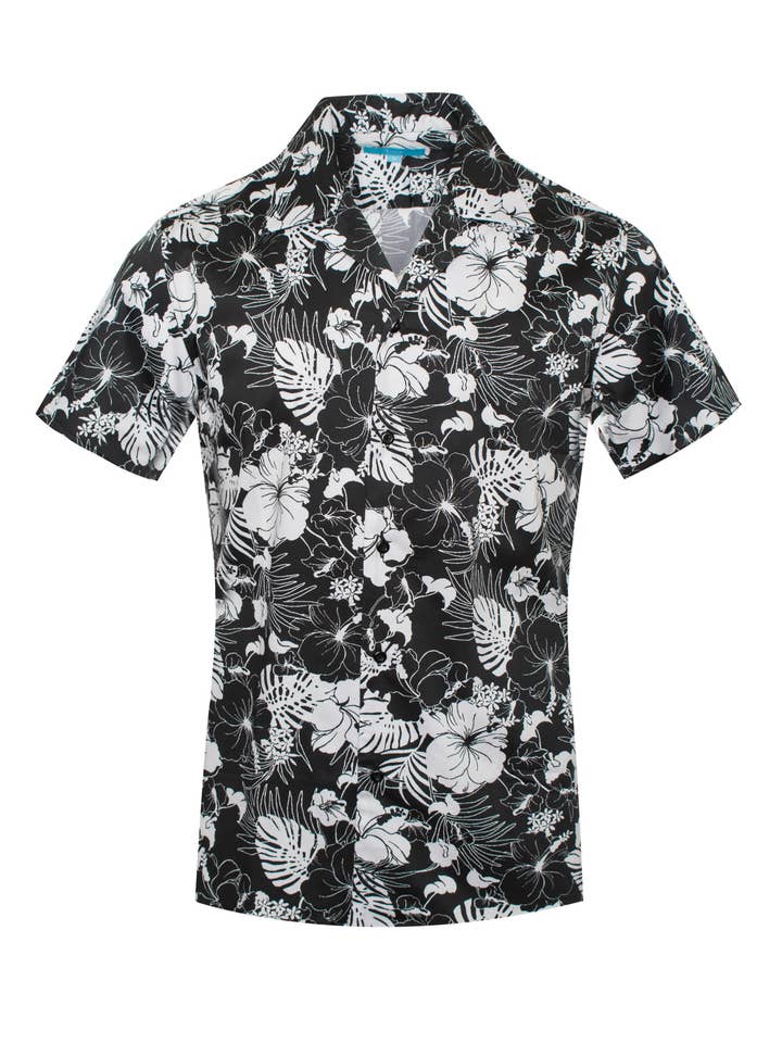 3054 Black & White Tropical Cotton S/S Shirt for wholesale by Perruzo