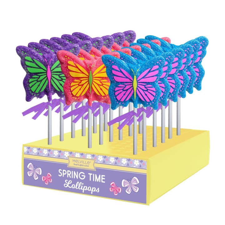 Melville Candy Company - Wholesale Lollipop - Sanded Butterfly Lollipops - Pink, Blue, Purple