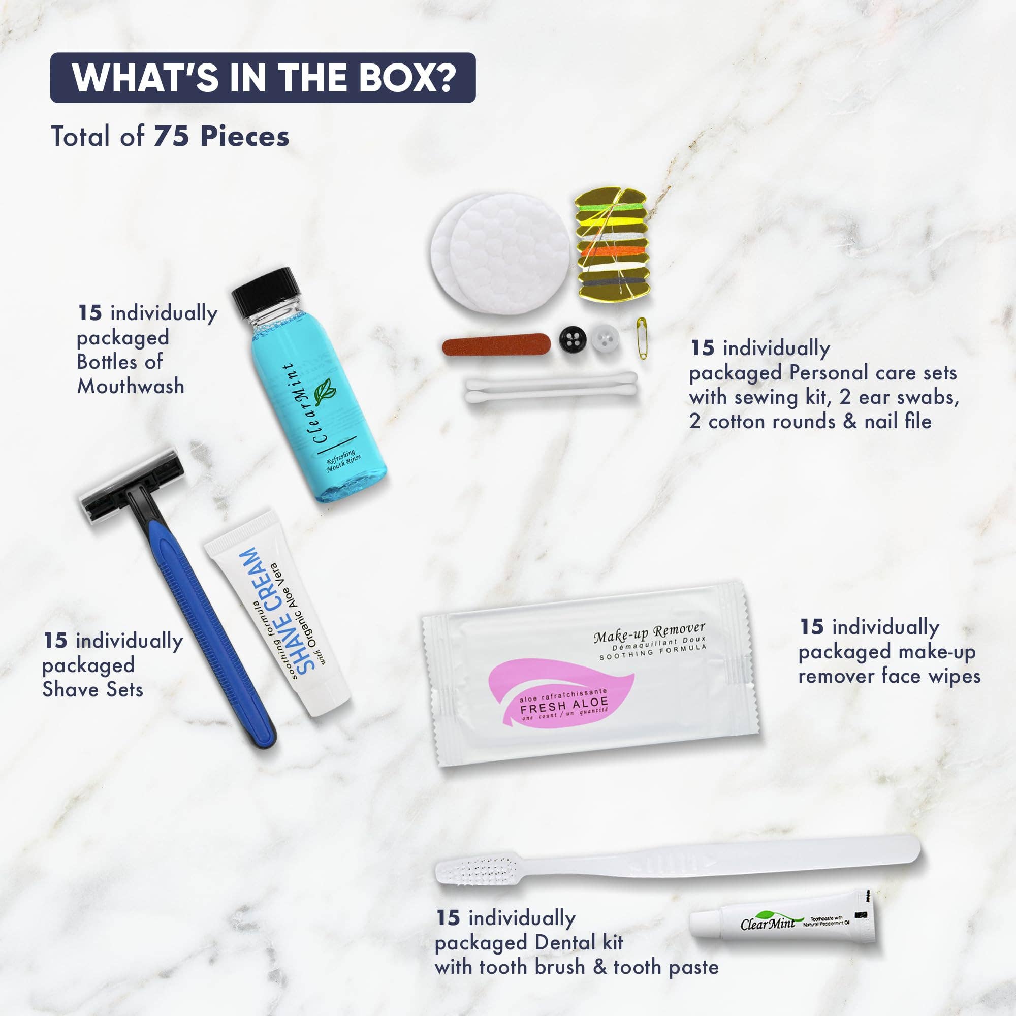 Diversified Hospitality Solutions – wholesale Toiletry bag – Unisex – Personal Care Travel Size Toiletries | 1-Shoppe All-in-Kit Hotel Amenities Bulk | Travel Shaving Set, Toothbrush & Paste, Mouthwash, Makeup Wipes, Swabs, Nail File & Sewing Kit | 75 Pcs2