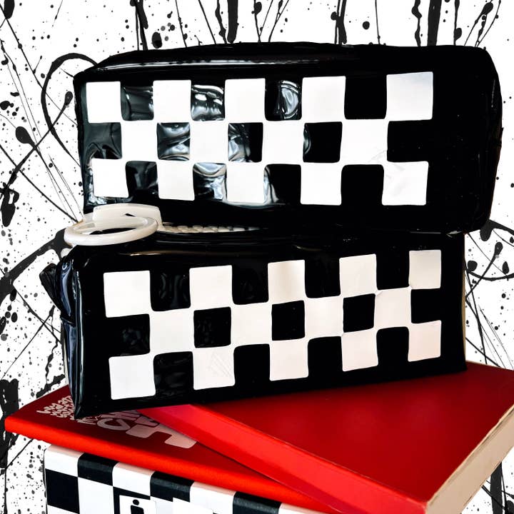 chunky zipper black and white pencil pouches x checker for wholesale by Theoretikal Design Company