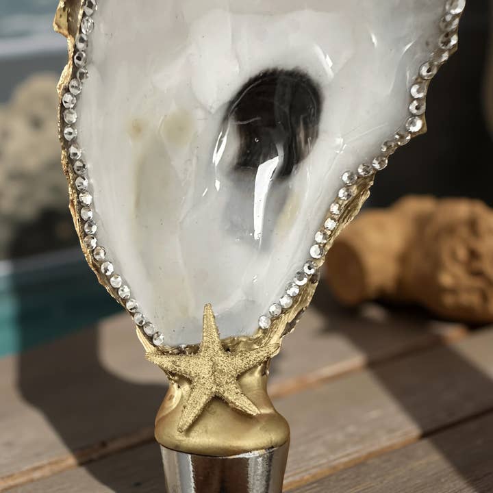 Crystal Rim Oyster Shell Wine Stopper – Gold Starfish for wholesale by Shell Yeah By Jaks LLC