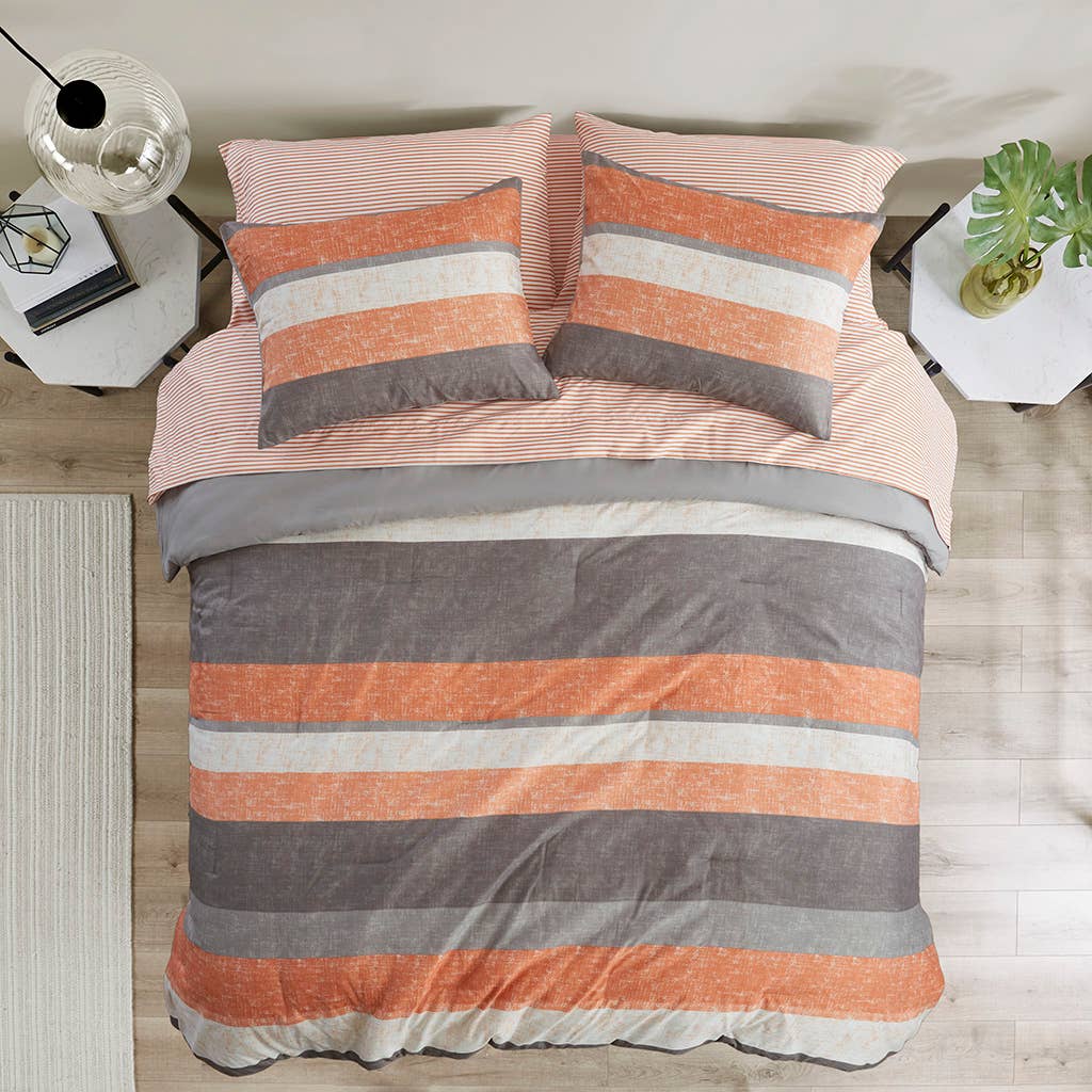 Olliix - Wholesale Bedding Set - Stripe Modern Comforter Set with Bed Sheets, Coral/Grey8