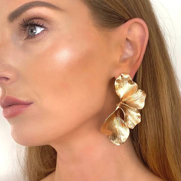 Nicholls Jewellery - Wholesale Dangle earrings - Statement Gold Iris Petal Flower Earrings - Holiday, Party9