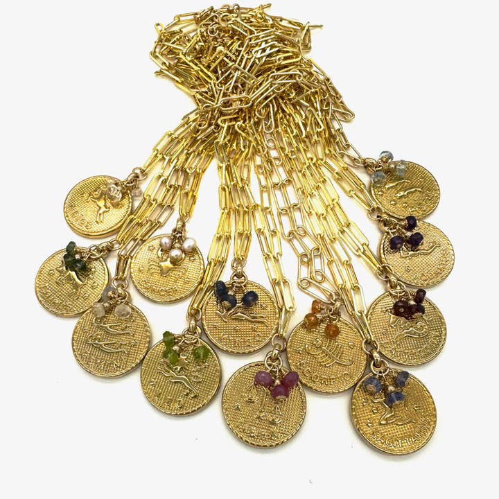 Gold Zodiac Medallion Birthstone Necklace for wholesale by Rebecca Cherry Jewelry Co.