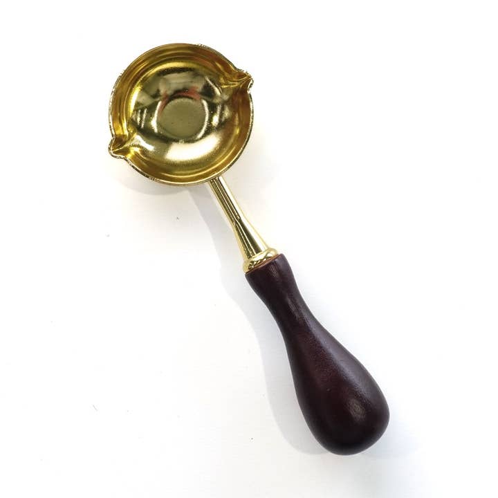 Double Spout Wide Shallow Golden Wood handle wax melt spoon for wholesale by Fiona Ariva