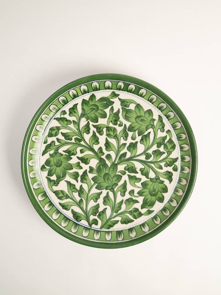 Green Floral Jaipur Pottery Wall Plate 10" for wholesale by Marble Lotus Original