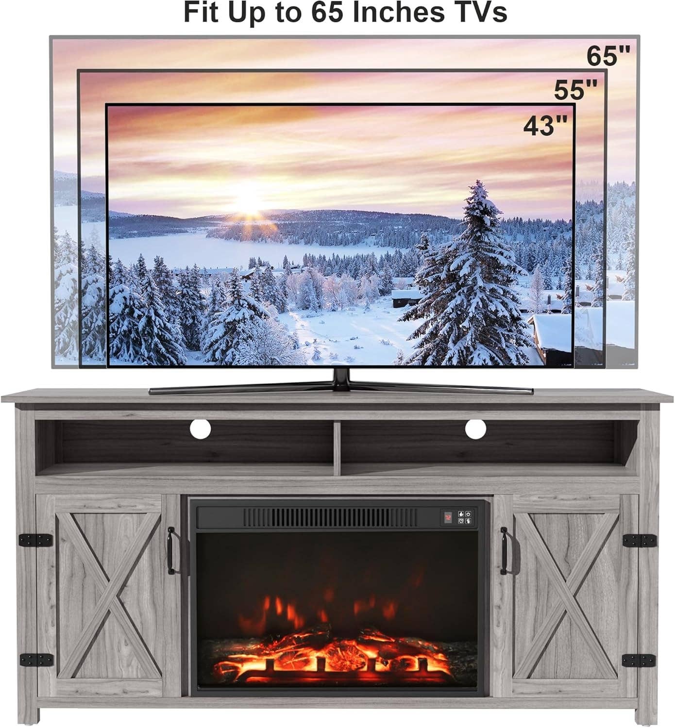 Rustic Fireplace TV Stand 65 Inch with Barn Doors Grey Wash for wholesale on Faire5