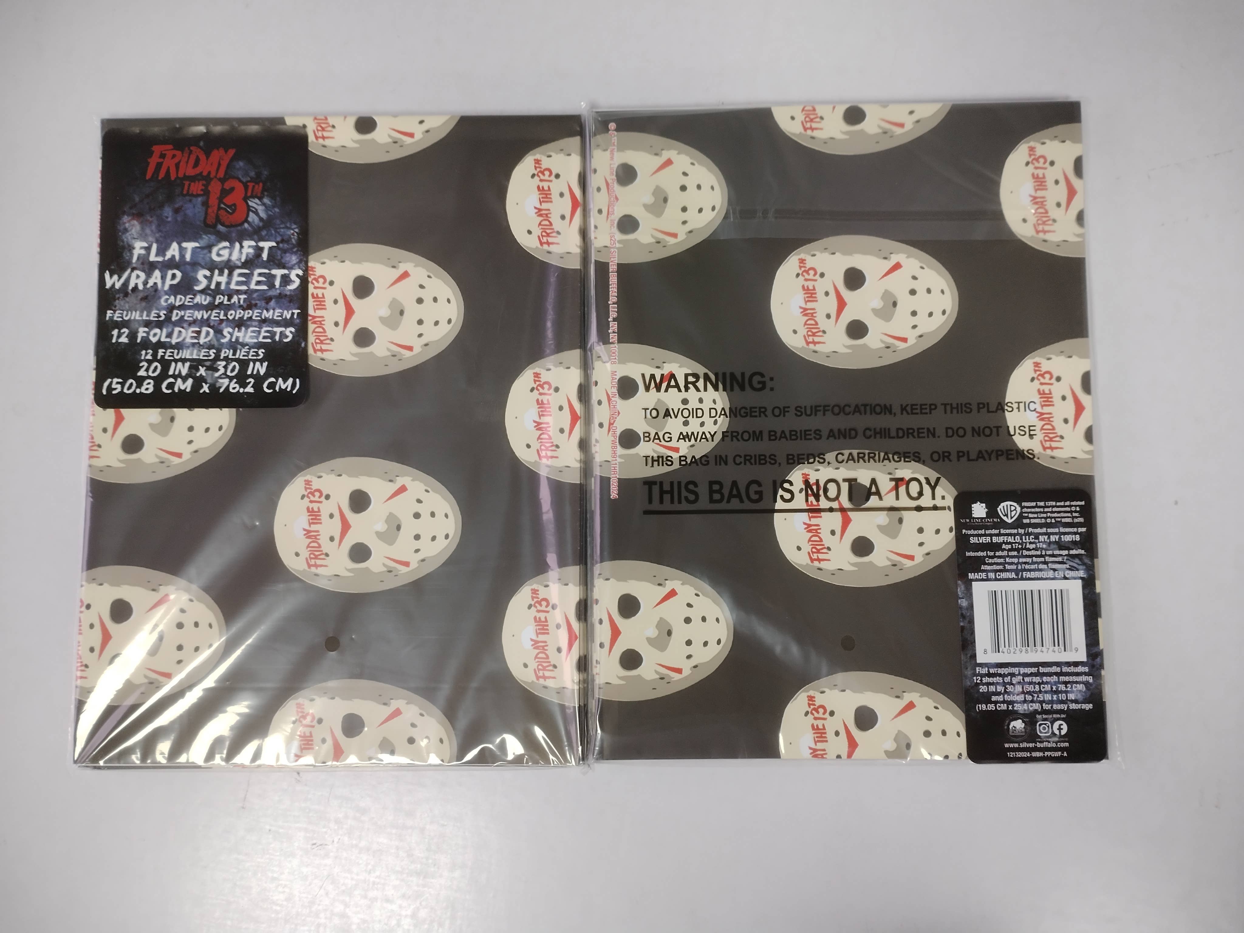 Silver Buffalo - Vente Feuille de papier cadeau - Papier cadeau Vendredi 13 Masque de Jason 12 unités 50 cm x 76 cm2