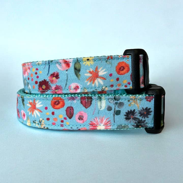 Dog Collar, Aqua Whimsy Floral, Maine Made for wholesale by Sew Fetch Dog Co