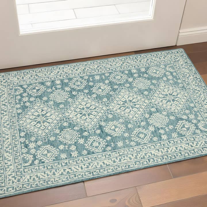 HomeRoots - Wholesale Area Rug - 2' X 3' Aqua And Ivory Wool Oriental Hand Hooked Area Rug1