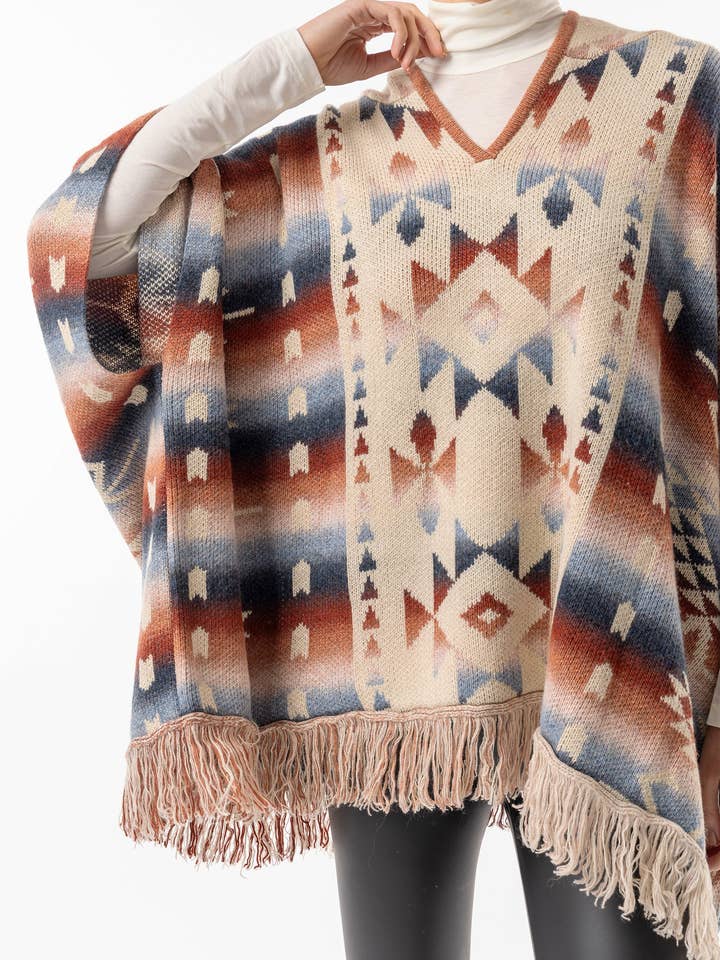 California Californian Hooded Batwing Poncho with Fringe for wholesale on Faire3