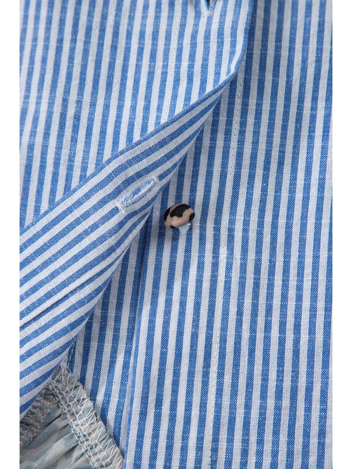 bleu Chemise décontractée à volants avec contraste rayé et bordure léopard (S-XL) en vente sur Faire9
