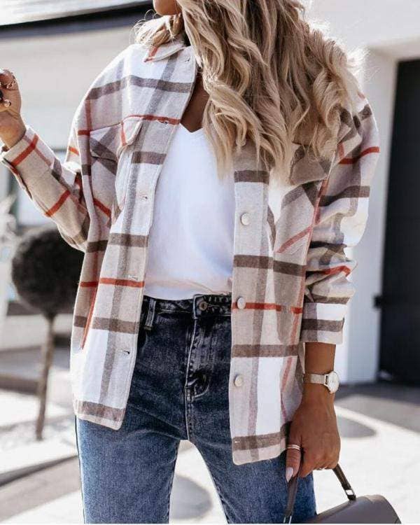 Fashion Combination - Wholesale Jacket - Women's - plaid print long sleeve button up shacket5