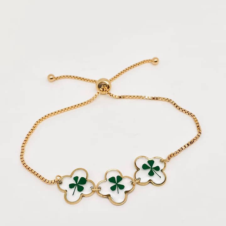 Mio Queena - Wholesale Charm/Dangle Bracelet - 4 Leaf Clover Pressed Plant Stainless Steel Bracelet - PDF