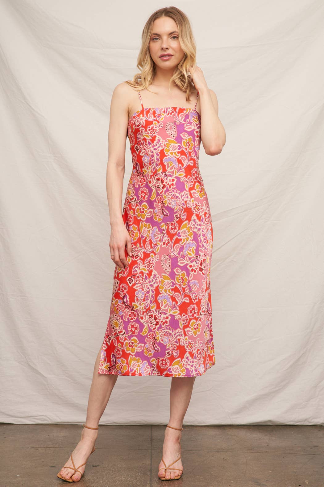 Pink Multi Sleeveless Floral Satin Midi Dress  for wholesale on Faire4