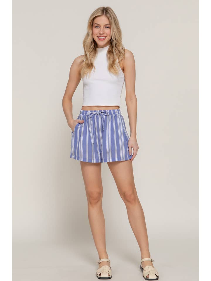 Active Basic | Active USA - Wholesale Shorts - Women's - Elastic Waist Band Detail Stripe Printed Linen Effect Shorts