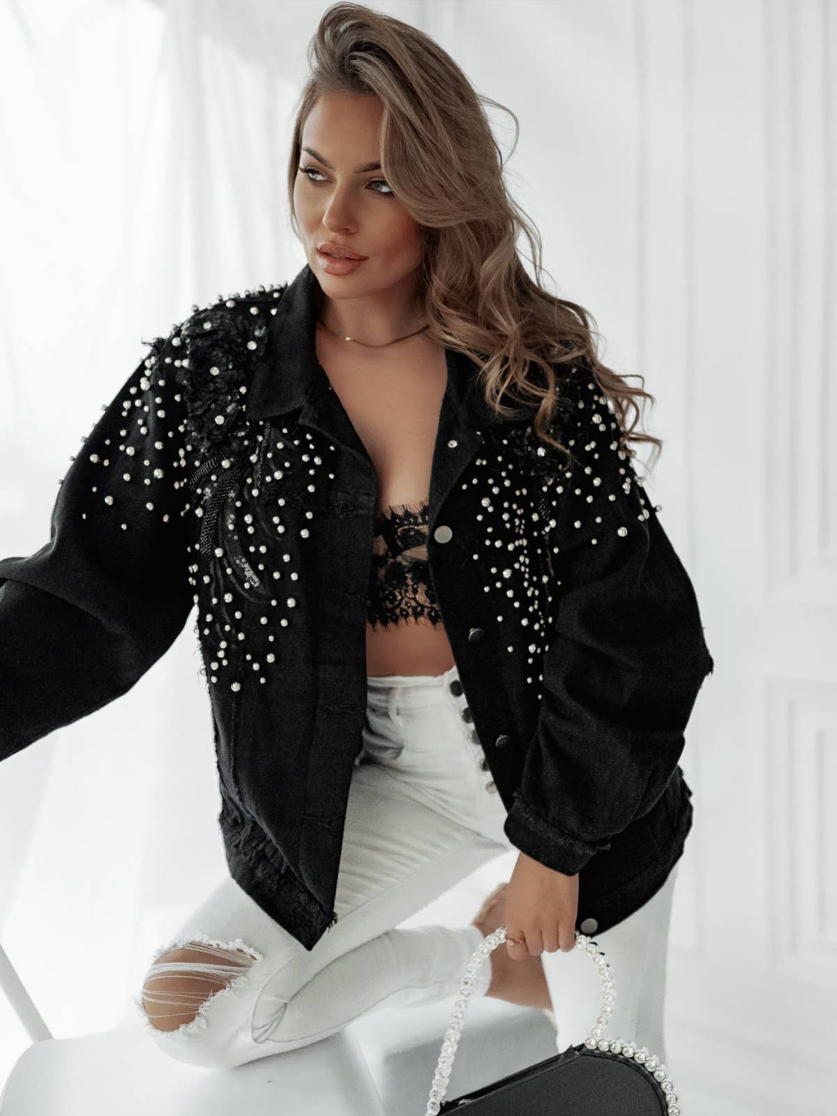 Black Oversized Denim Jacket with Pearls & Embroideries for wholesale on Faire