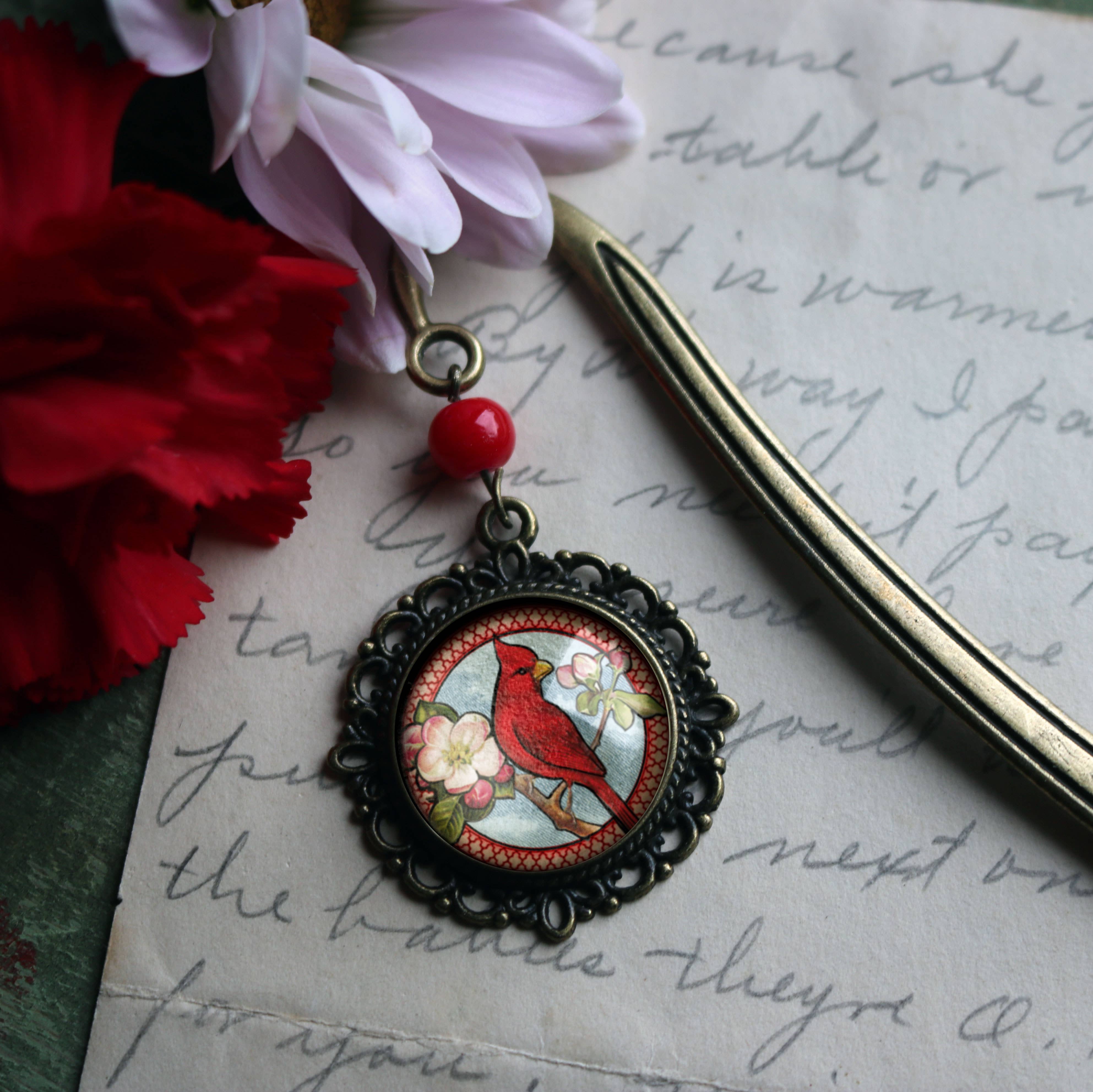 The Divine Iguana - Wholesale Bookmark - Cardinal Bird Vintage Inspired Bronze and Glass Bookmark4