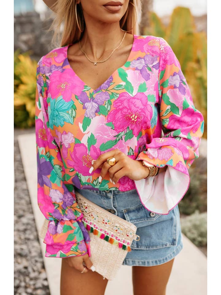 Multi Shiloh Blommig volangskjortblus Top-Multi för wholesale på Faire